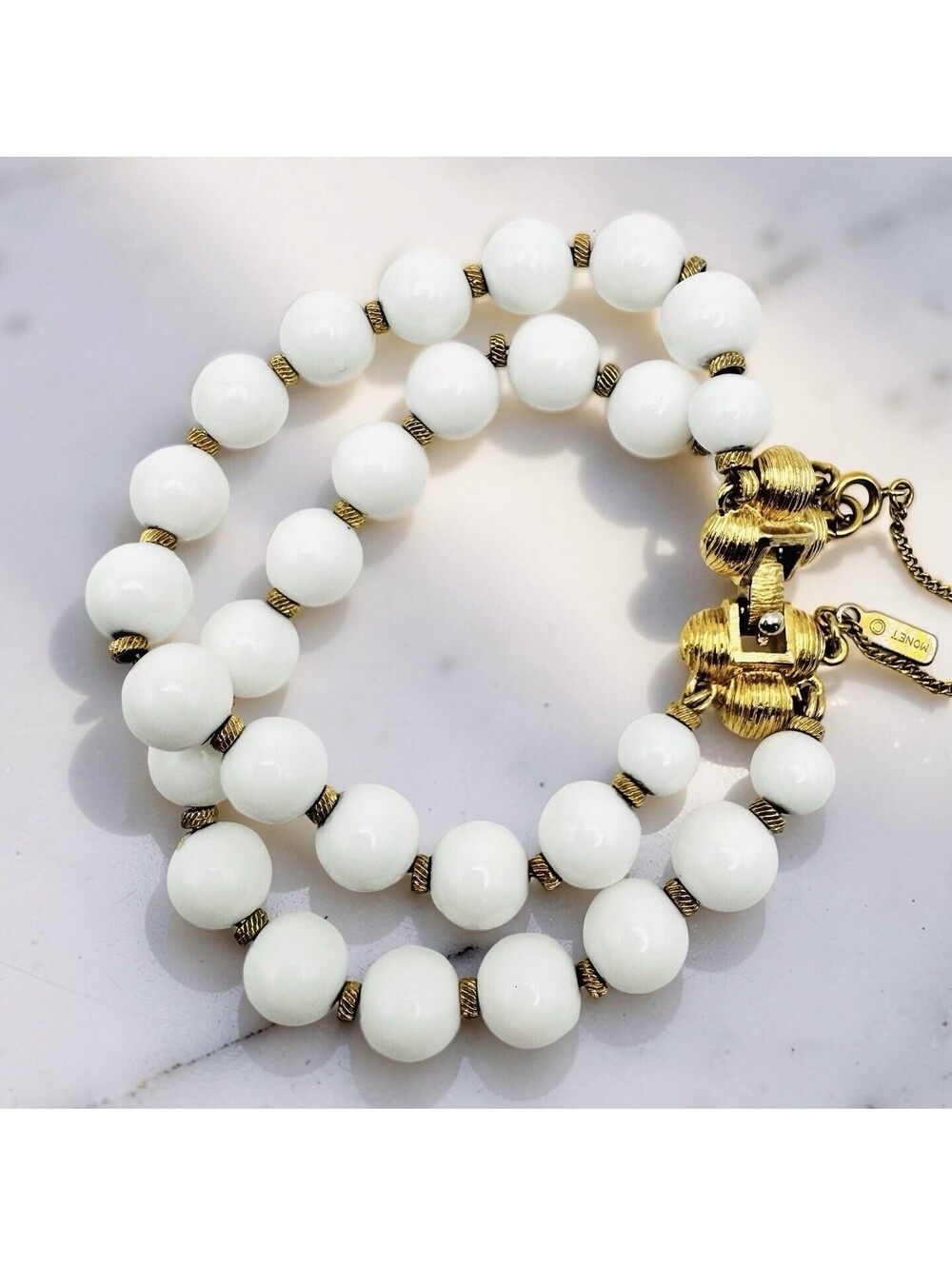 Signed  Vintage Monet Double Strand White Bead Bracelet With Gold Tone